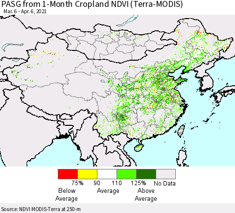 China, Mongolia and Taiwan PASG from 1-Month Cropland NDVI (Terra-MODIS) Thematic Map For 3/30/2021 - 4/6/2021