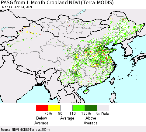China, Mongolia and Taiwan PASG from 1-Month Cropland NDVI (Terra-MODIS) Thematic Map For 4/7/2021 - 4/14/2021
