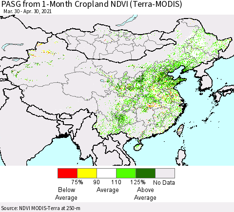 China, Mongolia and Taiwan PASG from 1-Month Cropland NDVI (Terra-MODIS) Thematic Map For 4/23/2021 - 4/30/2021