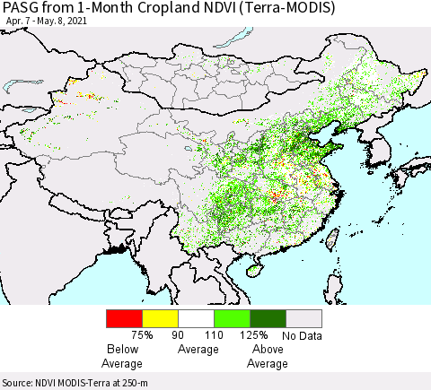 China, Mongolia and Taiwan PASG from 1-Month Cropland NDVI (Terra-MODIS) Thematic Map For 5/1/2021 - 5/8/2021