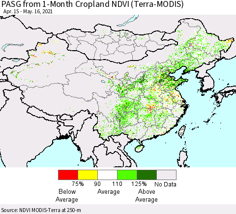 China, Mongolia and Taiwan PASG from 1-Month Cropland NDVI (Terra-MODIS) Thematic Map For 5/9/2021 - 5/16/2021