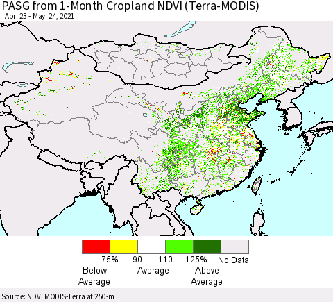 China, Mongolia and Taiwan PASG from 1-Month Cropland NDVI (Terra-MODIS) Thematic Map For 5/17/2021 - 5/24/2021