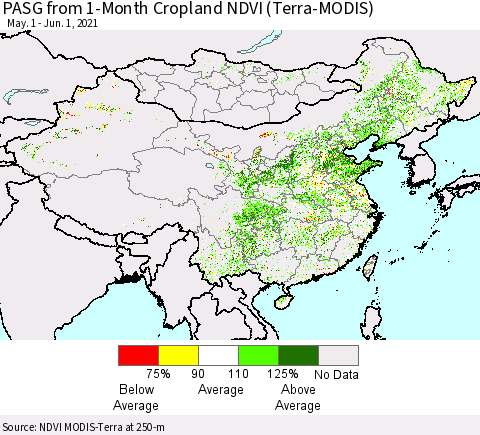 China, Mongolia and Taiwan PASG from 1-Month Cropland NDVI (Terra-MODIS) Thematic Map For 5/25/2021 - 6/1/2021