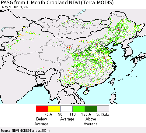China, Mongolia and Taiwan PASG from 1-Month Cropland NDVI (Terra-MODIS) Thematic Map For 6/2/2021 - 6/9/2021