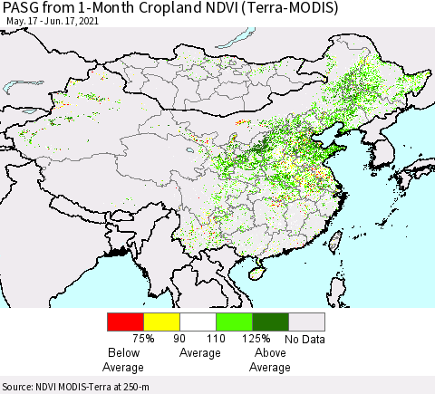 China, Mongolia and Taiwan PASG from 1-Month Cropland NDVI (Terra-MODIS) Thematic Map For 6/10/2021 - 6/17/2021