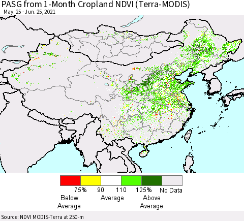 China, Mongolia and Taiwan PASG from 1-Month Cropland NDVI (Terra-MODIS) Thematic Map For 6/18/2021 - 6/25/2021