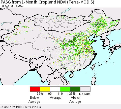 China, Mongolia and Taiwan PASG from 1-Month Cropland NDVI (Terra-MODIS) Thematic Map For 6/26/2021 - 7/3/2021