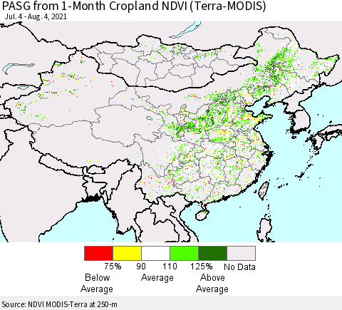 China, Mongolia and Taiwan PASG from 1-Month Cropland NDVI (Terra-MODIS) Thematic Map For 7/28/2021 - 8/4/2021