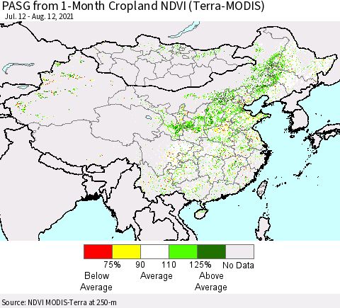 China, Mongolia and Taiwan PASG from 1-Month Cropland NDVI (Terra-MODIS) Thematic Map For 8/5/2021 - 8/12/2021