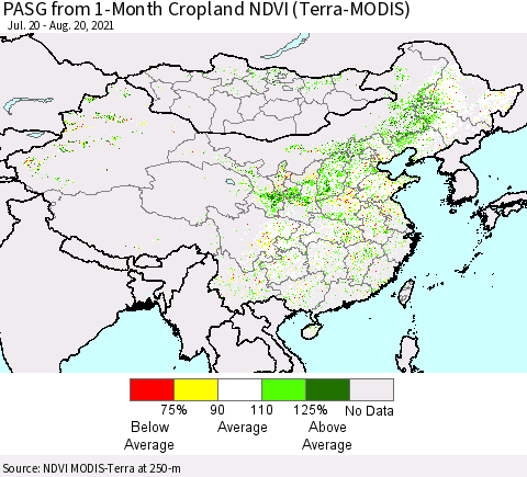 China, Mongolia and Taiwan PASG from 1-Month Cropland NDVI (Terra-MODIS) Thematic Map For 8/13/2021 - 8/20/2021