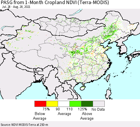China, Mongolia and Taiwan PASG from 1-Month Cropland NDVI (Terra-MODIS) Thematic Map For 8/21/2021 - 8/28/2021