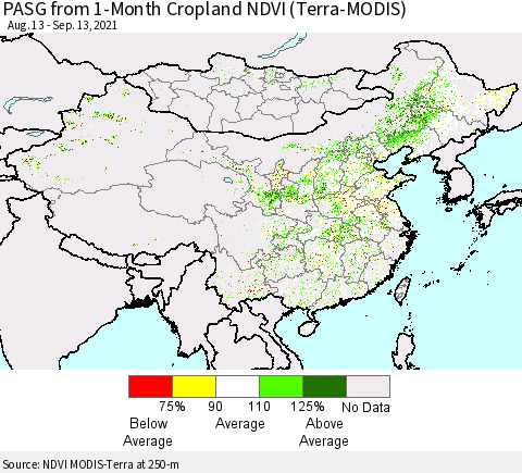 China, Mongolia and Taiwan PASG from 1-Month Cropland NDVI (Terra-MODIS) Thematic Map For 9/6/2021 - 9/13/2021