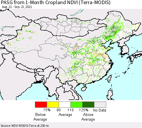 China, Mongolia and Taiwan PASG from 1-Month Cropland NDVI (Terra-MODIS) Thematic Map For 9/14/2021 - 9/21/2021