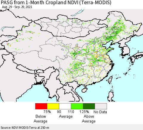 China, Mongolia and Taiwan PASG from 1-Month Cropland NDVI (Terra-MODIS) Thematic Map For 9/22/2021 - 9/29/2021