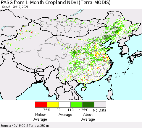 China, Mongolia and Taiwan PASG from 1-Month Cropland NDVI (Terra-MODIS) Thematic Map For 9/30/2021 - 10/7/2021
