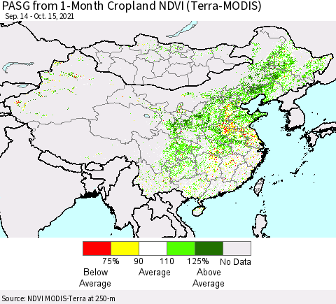 China, Mongolia and Taiwan PASG from 1-Month Cropland NDVI (Terra-MODIS) Thematic Map For 10/8/2021 - 10/15/2021