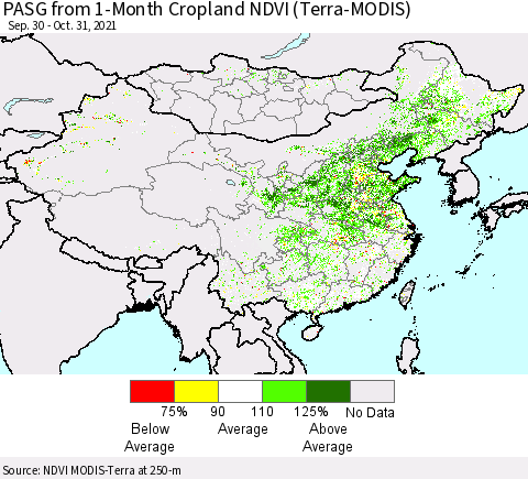 China, Mongolia and Taiwan PASG from 1-Month Cropland NDVI (Terra-MODIS) Thematic Map For 10/24/2021 - 10/31/2021