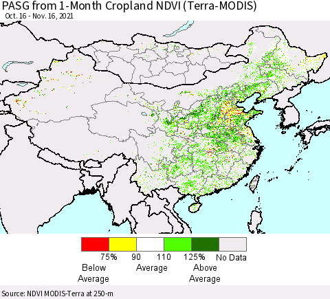 China, Mongolia and Taiwan PASG from 1-Month Cropland NDVI (Terra-MODIS) Thematic Map For 11/9/2021 - 11/16/2021