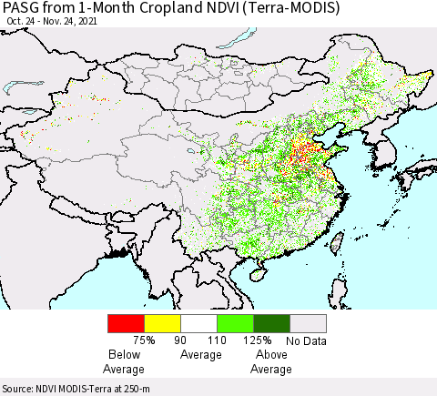 China, Mongolia and Taiwan PASG from 1-Month Cropland NDVI (Terra-MODIS) Thematic Map For 11/17/2021 - 11/24/2021