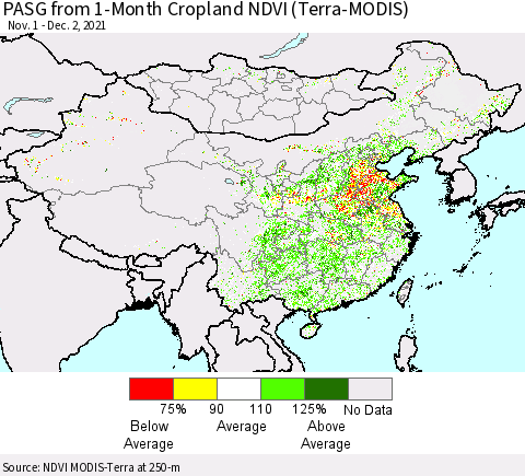 China, Mongolia and Taiwan PASG from 1-Month Cropland NDVI (Terra-MODIS) Thematic Map For 11/25/2021 - 12/2/2021