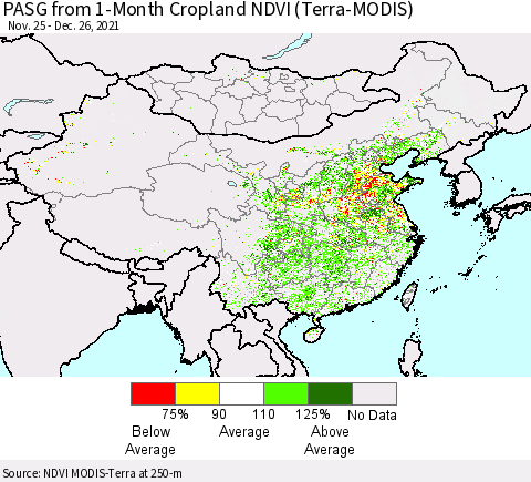 China, Mongolia and Taiwan PASG from 1-Month Cropland NDVI (Terra-MODIS) Thematic Map For 12/19/2021 - 12/26/2021