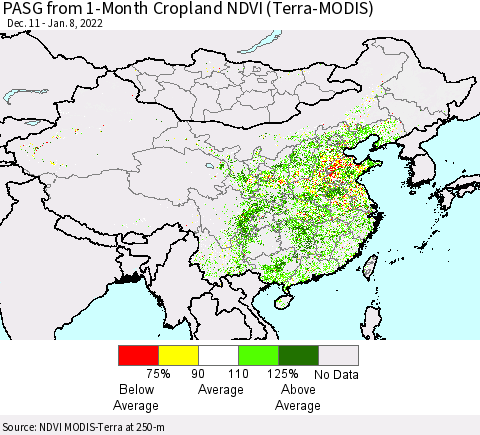 China, Mongolia and Taiwan PASG from 1-Month Cropland NDVI (Terra-MODIS) Thematic Map For 1/1/2022 - 1/8/2022