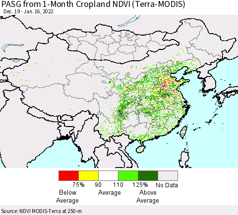 China, Mongolia and Taiwan PASG from 1-Month Cropland NDVI (Terra-MODIS) Thematic Map For 1/9/2022 - 1/16/2022