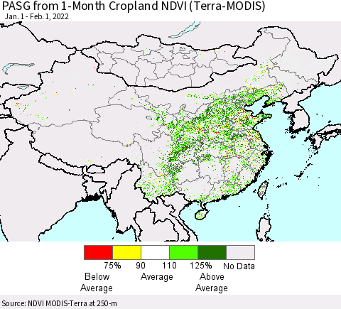 China, Mongolia and Taiwan PASG from 1-Month Cropland NDVI (Terra-MODIS) Thematic Map For 1/25/2022 - 2/1/2022