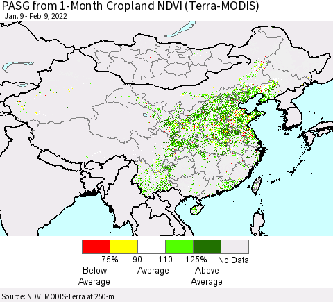 China, Mongolia and Taiwan PASG from 1-Month Cropland NDVI (Terra-MODIS) Thematic Map For 2/2/2022 - 2/9/2022