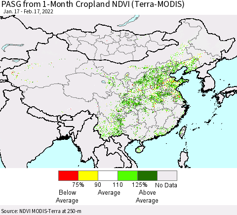 China, Mongolia and Taiwan PASG from 1-Month Cropland NDVI (Terra-MODIS) Thematic Map For 2/10/2022 - 2/17/2022