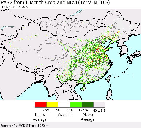 China, Mongolia and Taiwan PASG from 1-Month Cropland NDVI (Terra-MODIS) Thematic Map For 2/26/2022 - 3/5/2022