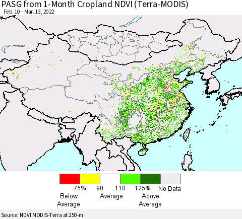 China, Mongolia and Taiwan PASG from 1-Month Cropland NDVI (Terra-MODIS) Thematic Map For 3/6/2022 - 3/13/2022