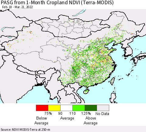 China, Mongolia and Taiwan PASG from 1-Month Cropland NDVI (Terra-MODIS) Thematic Map For 3/14/2022 - 3/21/2022