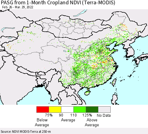 China, Mongolia and Taiwan PASG from 1-Month Cropland NDVI (Terra-MODIS) Thematic Map For 3/22/2022 - 3/29/2022