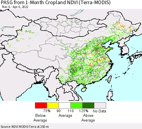 China, Mongolia and Taiwan PASG from 1-Month Cropland NDVI (Terra-MODIS) Thematic Map For 3/30/2022 - 4/6/2022