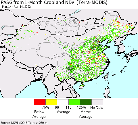 China, Mongolia and Taiwan PASG from 1-Month Cropland NDVI (Terra-MODIS) Thematic Map For 4/7/2022 - 4/14/2022