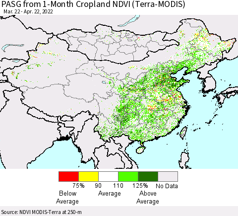 China, Mongolia and Taiwan PASG from 1-Month Cropland NDVI (Terra-MODIS) Thematic Map For 4/15/2022 - 4/22/2022