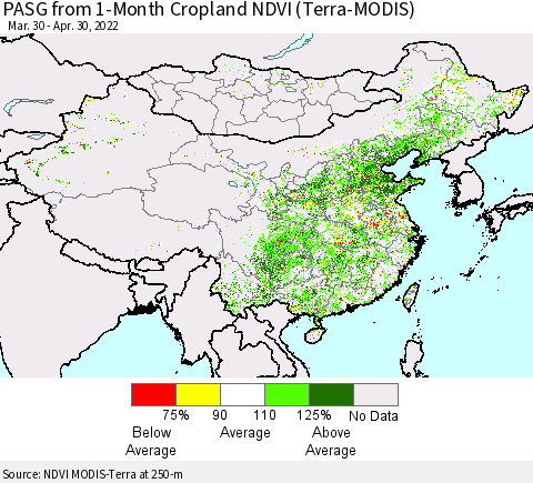China, Mongolia and Taiwan PASG from 1-Month Cropland NDVI (Terra-MODIS) Thematic Map For 4/23/2022 - 4/30/2022