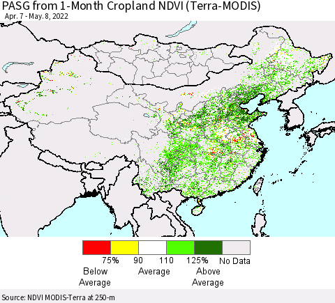China, Mongolia and Taiwan PASG from 1-Month Cropland NDVI (Terra-MODIS) Thematic Map For 5/1/2022 - 5/8/2022
