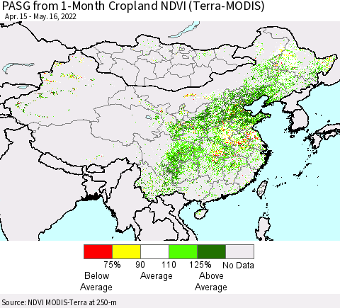 China, Mongolia and Taiwan PASG from 1-Month Cropland NDVI (Terra-MODIS) Thematic Map For 5/9/2022 - 5/16/2022