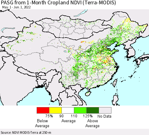 China, Mongolia and Taiwan PASG from 1-Month Cropland NDVI (Terra-MODIS) Thematic Map For 5/25/2022 - 6/1/2022