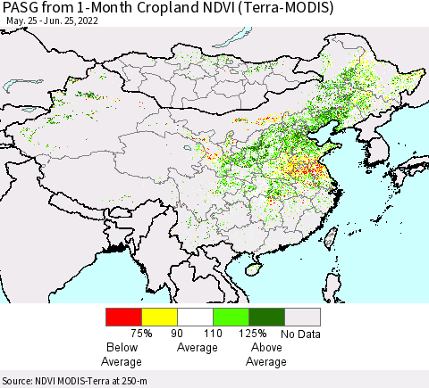 China, Mongolia and Taiwan PASG from 1-Month Cropland NDVI (Terra-MODIS) Thematic Map For 6/18/2022 - 6/25/2022