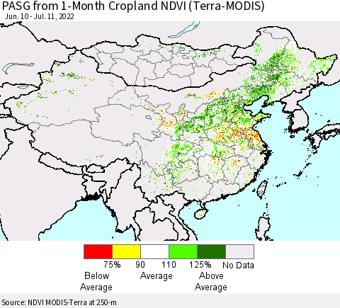China, Mongolia and Taiwan PASG from 1-Month Cropland NDVI (Terra-MODIS) Thematic Map For 7/4/2022 - 7/11/2022