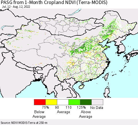 China, Mongolia and Taiwan PASG from 1-Month Cropland NDVI (Terra-MODIS) Thematic Map For 8/5/2022 - 8/12/2022