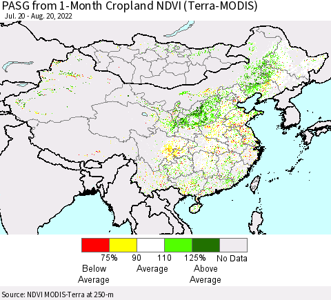 China, Mongolia and Taiwan PASG from 1-Month Cropland NDVI (Terra-MODIS) Thematic Map For 8/13/2022 - 8/20/2022