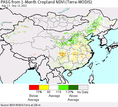 China, Mongolia and Taiwan PASG from 1-Month Cropland NDVI (Terra-MODIS) Thematic Map For 9/6/2022 - 9/13/2022