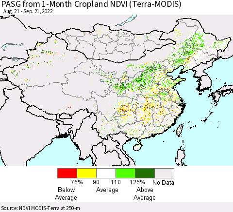 China, Mongolia and Taiwan PASG from 1-Month Cropland NDVI (Terra-MODIS) Thematic Map For 9/14/2022 - 9/21/2022