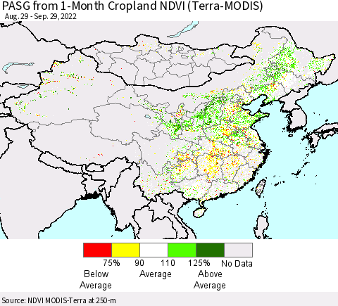 China, Mongolia and Taiwan PASG from 1-Month Cropland NDVI (Terra-MODIS) Thematic Map For 9/22/2022 - 9/29/2022