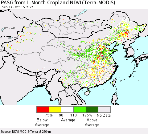 China, Mongolia and Taiwan PASG from 1-Month Cropland NDVI (Terra-MODIS) Thematic Map For 10/8/2022 - 10/15/2022
