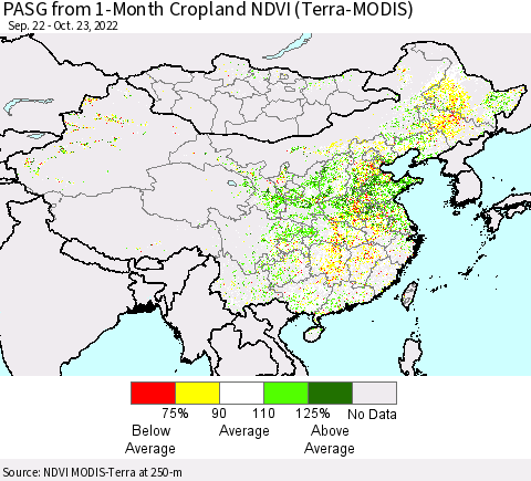 China, Mongolia and Taiwan PASG from 1-Month Cropland NDVI (Terra-MODIS) Thematic Map For 10/16/2022 - 10/23/2022